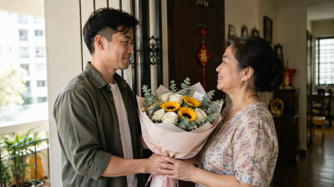 Asian son handing his mother a soft pastel apology bouquet of white roses and sunflowers at her HDB doorway