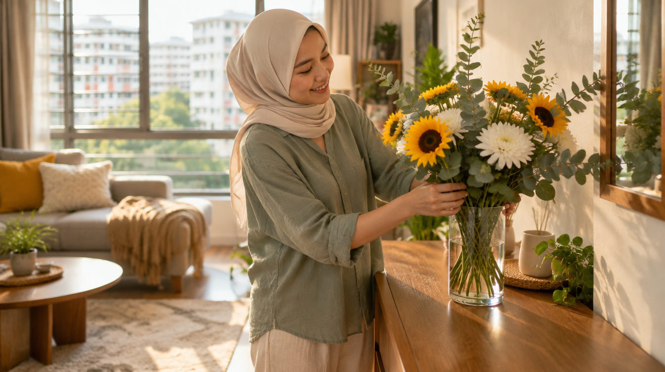 A Malay-Singaporean woman arranging a fresh sunflower and eucalyptus bouquet in a sunlit HDB living room